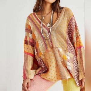 NEW Free People Tan Combo Desert Flowers Pullover Poncho Sweater
